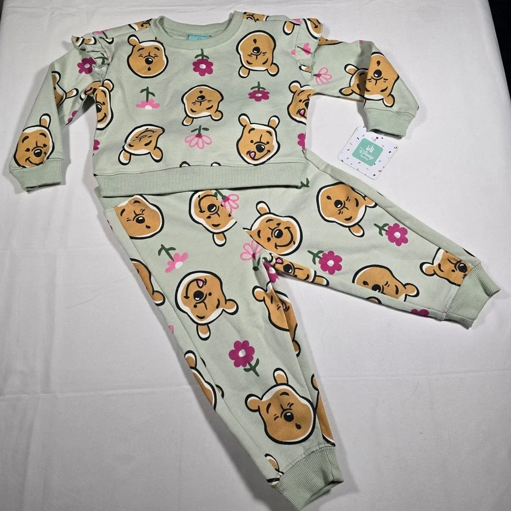 Disney Baby‎ Winnie the Pooh 12M Sweatshirt Outfit Set Sage Green Floral cottage